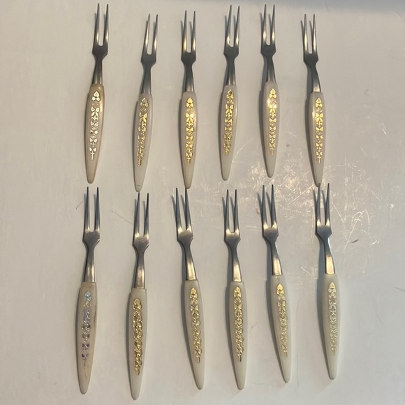 Vintage Stainless Steel White with Gold-Accented‎ 4” Cocktail Forks -  Set of 12 - Picture 1 of 5